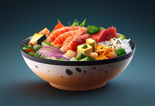 Ciotola di sashimi hawaiano con salmone, tonno, avocado e verdure generative ai