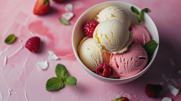 Ciotola di scoop di gelato assortito con fragole e lamponi su uno sfondo rosa