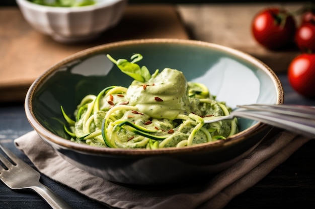 Ciotola di tagliatelle di zucchine coperte di salsa cremosa di pesto creata con ai generativi