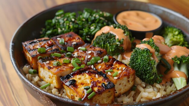 Ciotola di tofu alla griglia con broccoli e salsa