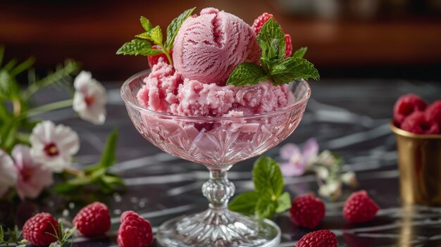 Ciotola di vetro con gelato e lamponi