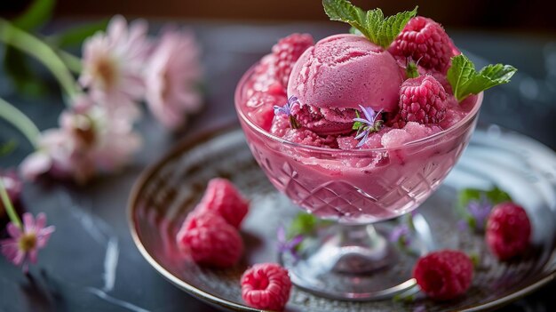 Ciotola di vetro con gelato e lamponi