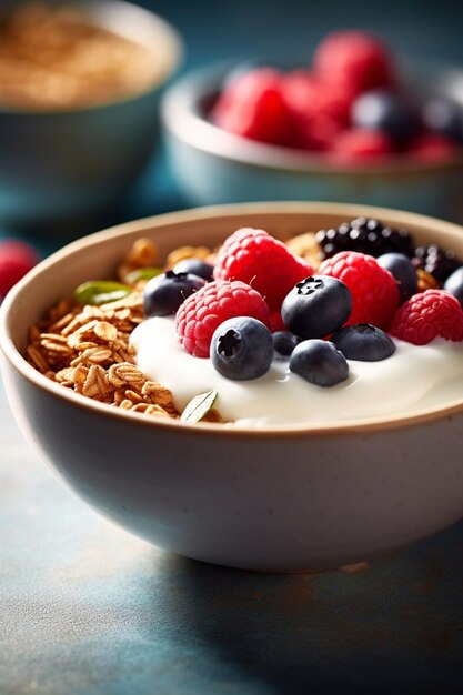 Ciotola di yogurt con bacche e granola su un tavolo generativo ai