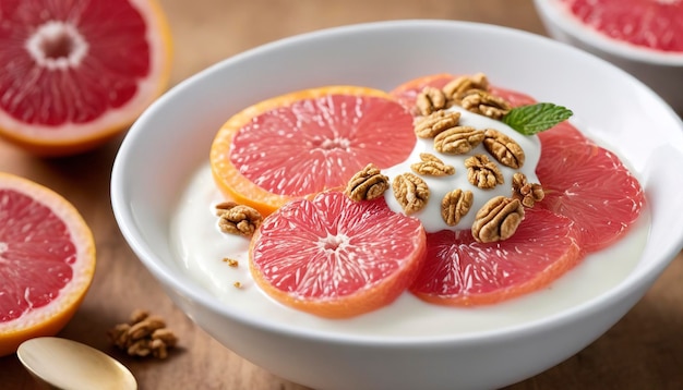 Ciotola di yogurt con fette di pompelmo, miele e granola