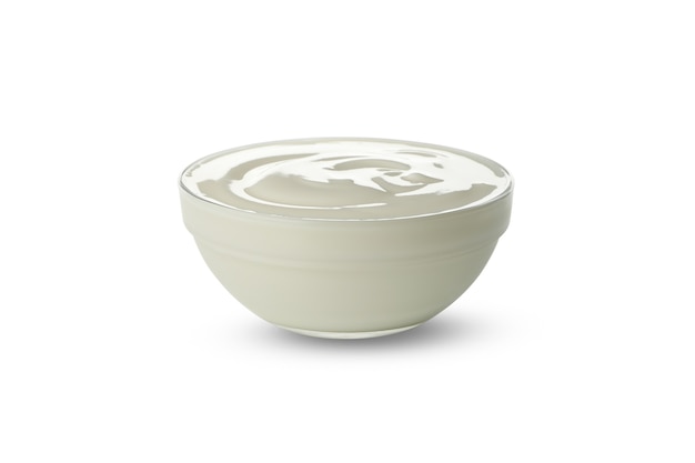 Ciotola di yogurt con panna acida isolato su bianco