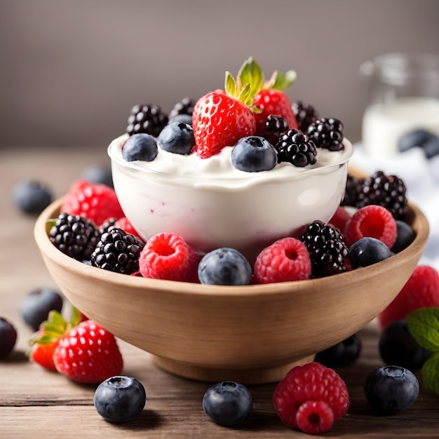 Ciotola di yogurt greco con frutti di bosco freschi sul tavolo di legno isolato