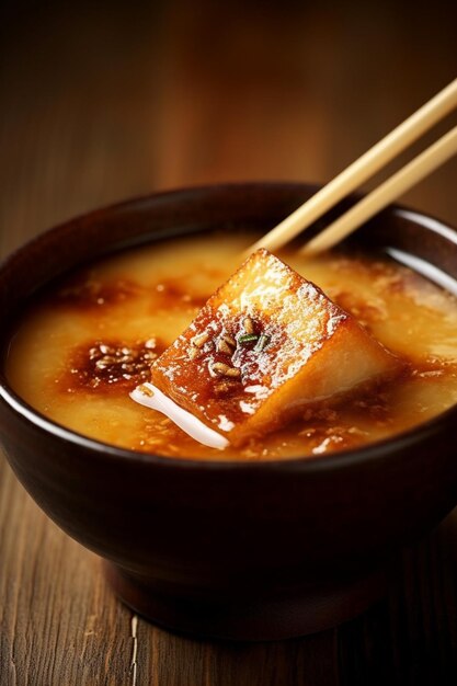 ciotola di zuppa con bacchette e tofu in esso generativo ai