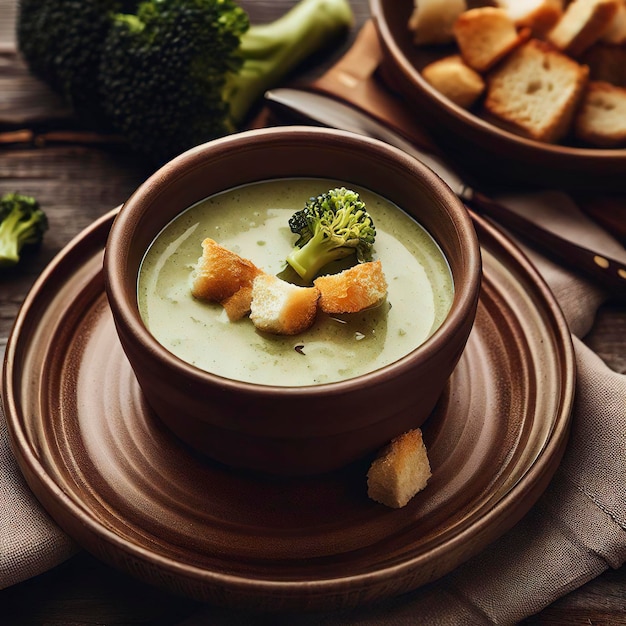 Ciotola di zuppa di broccoli alla crema con crouton di pane su uno sfondo di legno