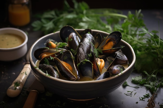 Ciotola di zuppa di cozze condita con erbe e spezie fresche