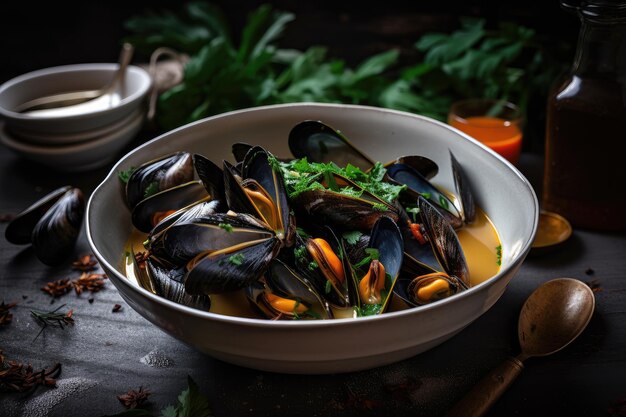 Ciotola di zuppa di cozze condita con erbe e spezie fresche