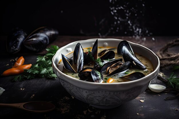 Ciotola di zuppa di cozze fumante con erbe e spezie per insaporire