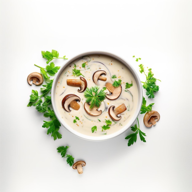 Ciotola di zuppa di crema di funghi su sfondo bianco vista dall'alto