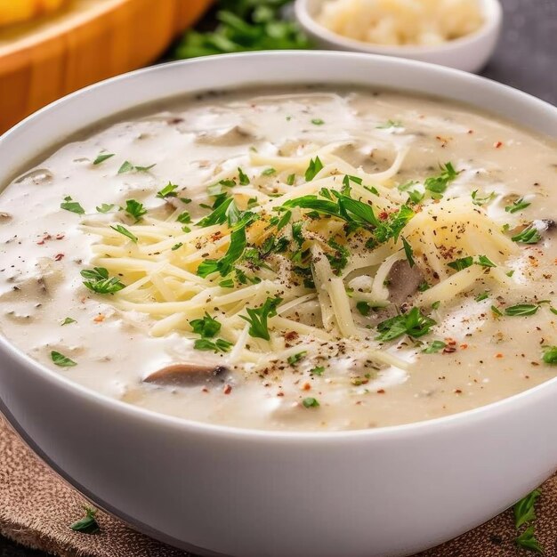 Ciotola di zuppa di funghi cremosi con prezzemolo fresco su uno sfondo di legno