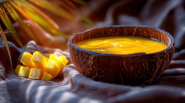 Ciotola di zuppa di mango con mango tagliato