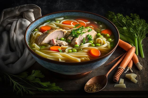 Ciotola di zuppa di noodle al pollo con carote e prezzemolo IA generativa