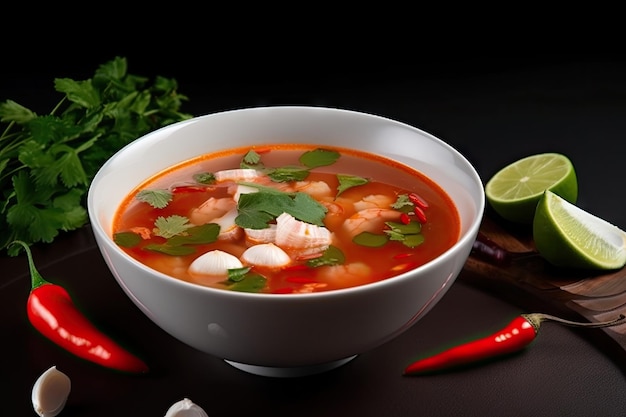 Ciotola di zuppa di tom yam con spicchio di lime e pepe per guarnire creata con ai generativo