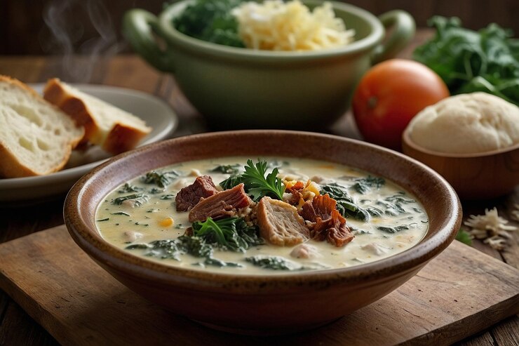 Foto ciotola di zuppa toscana con ambientazione di fattoria