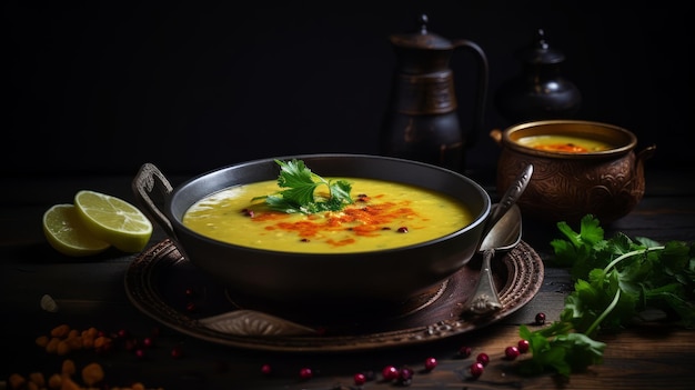 Ciotola fumante di zuppa Dal con contorni colorati in India, perfetta per gli annunci di cucina indiana