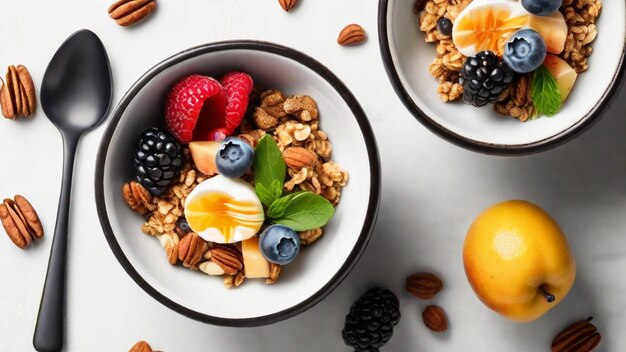 Ciotola per colazione sana con muesli e frutta fresca