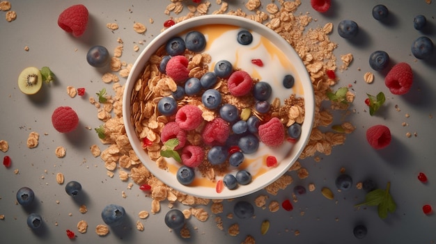 Ciotola per la colazione salutare dall'alto riempita con yogurt greco, frutti di bosco freschi e muesli croccante IA generativa