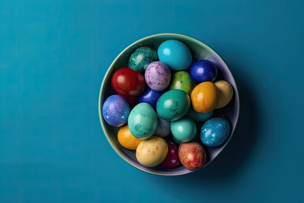Ciotola piena di uova di cioccolato colorate su uno sfondo blu vibrante IA generativa