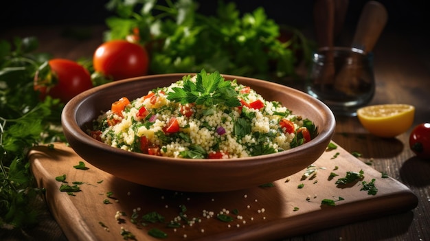 Ciotola rustica di insalata di cous cous ornata con erbe fresche e pomodoro su tavola di legno