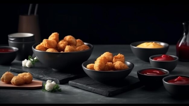 Ciotole di bocconcini di pollo fritto con salse su fondo scuro generativo ai