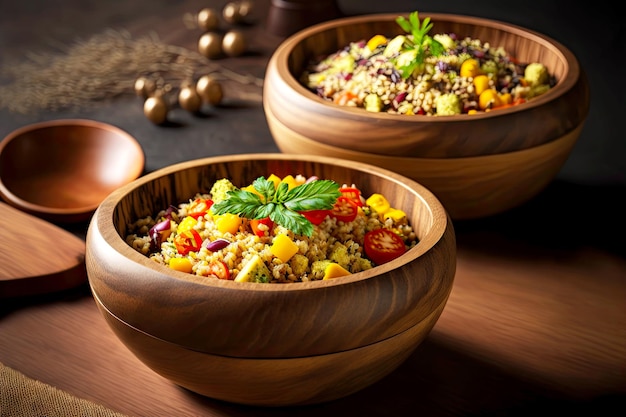 Ciotole di legno con una sana insalata di quinoa per un pranzo sano