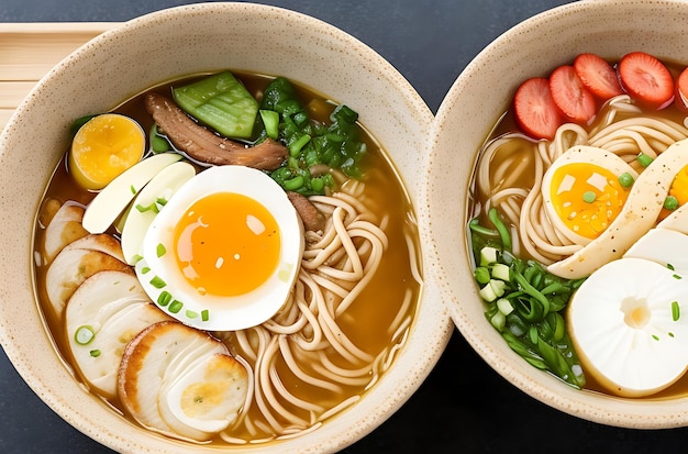 Ciotole di ramen giapponesi con brodo ricco e