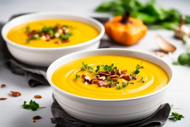 Ciotole di zuppa di zucca butternut guarnita con verdi bacon e semi di zucca Illustrazione generativa di AI