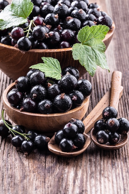 Ciotole e cucchiai di legno grandi e piccoli con ribes nero fresco e foglie originali su legno