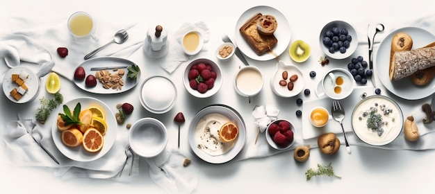 Ciotole per la colazione e altri prodotti alimentari su sfondo bianco