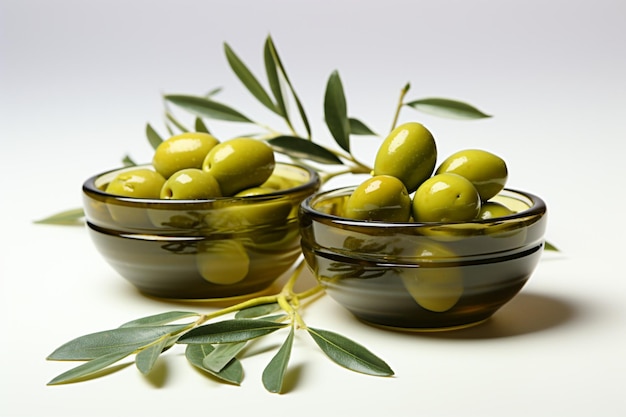 Ciotole piene di olive con eleganti accenti di ramoscello d'oliva su una superficie bianca