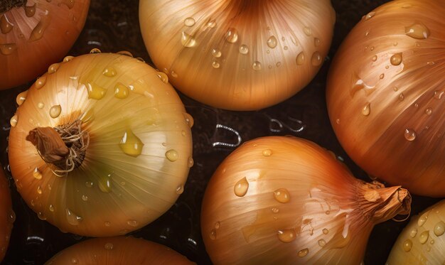 Cipolla con gocce d'acqua su sfondo scuro IA generativa