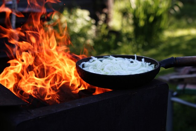 Cipolla fritta sul fuoco all'aperto