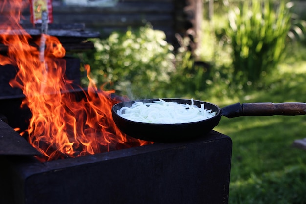 Cipolla fritta sul fuoco all'aperto