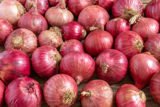 Cipolla rossa su tavola di legno squallido.