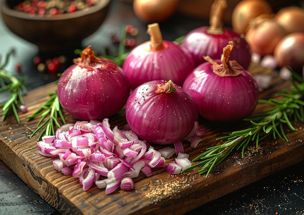 Cipolle rosse e rosmarino su tavola di legno