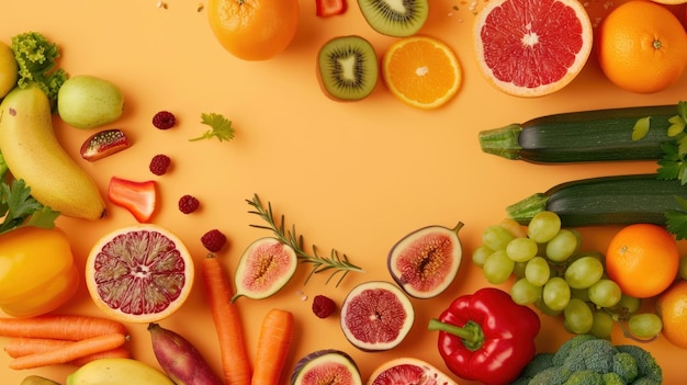 Circolo di frutta e verdura su sfondo giallo con spazio per la copia