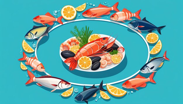 Circolo di frutti di mare Un'illustrazione vettoriale di un'alimentazione sana