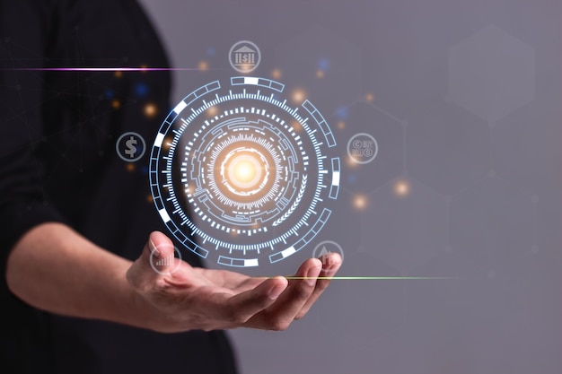 Circolo tecnologico dell'uomo che tiene la mano Banca finanziaria online Internet Transazioni finanziarie