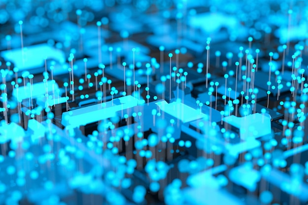 Circuit board with glowing cube and lines 3d rendering