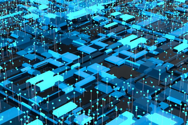 Circuit board with glowing cube and lines 3d rendering