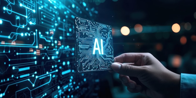 circuiti AI in forma circuiti PCB elettronici con intelligenza all'interno su uomo d'affari