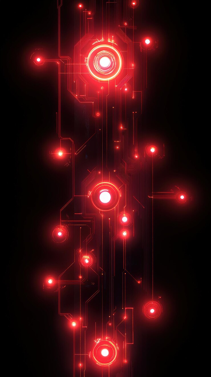 Circuiti vibranti che pulsano con energia cremisi in un regno digitale astratto