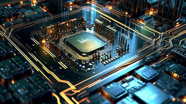 Circuito elettronico PCB Circuito stampato con microchip del processore e segnali elettronici digitali luminosi Creato con tecnologia AI generativa