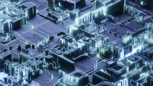 Circuito stampato, sfondo astratto di tecnologia di rete, rendering 3d, immagine concettuale.