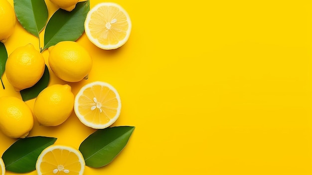 Citrus Medley Limoni succosi Arance e foglie verdi su uno sfondo luminoso