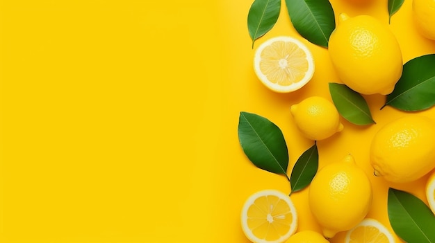 Citrus Medley Limoni succosi Arance e foglie verdi su uno sfondo luminoso