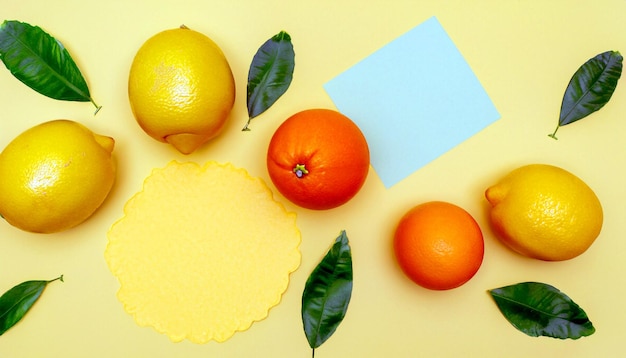 Citrus Summer Delights Arance Limoni e lime su sfondo giallo pastello Frutta fresca Minimalismo